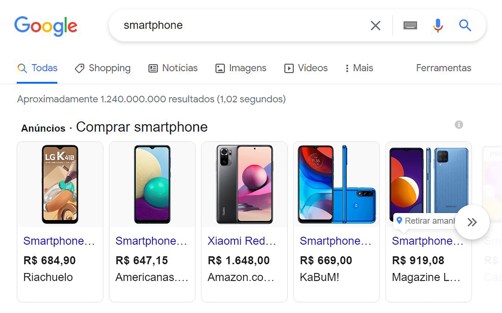 Resultados da pesquisa por smartphone no Google Shopping