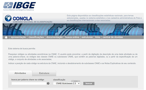 Pesquisa de CNAE na aba Atividades do site da Concla